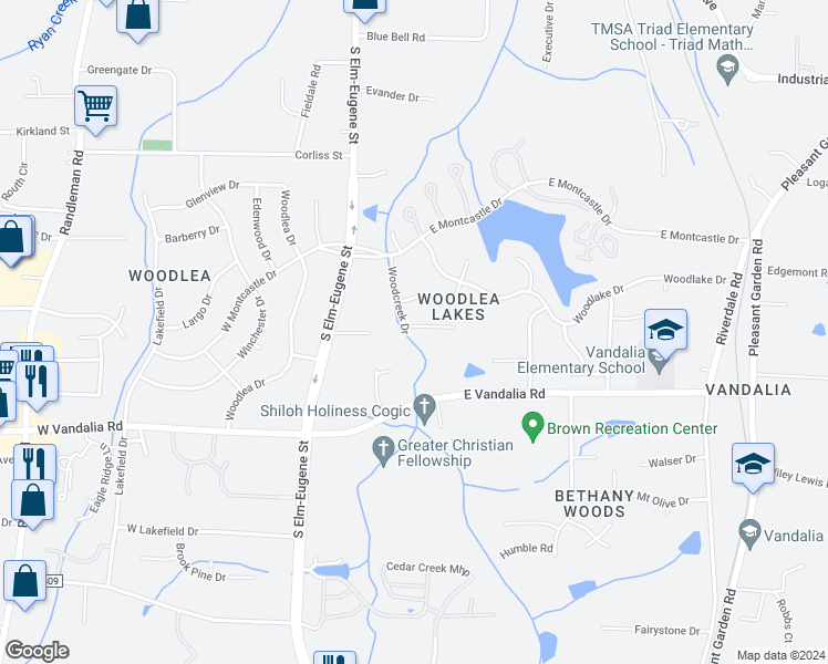 map of restaurants, bars, coffee shops, grocery stores, and more near 200 Woodlea Hollow Lane in Greensboro