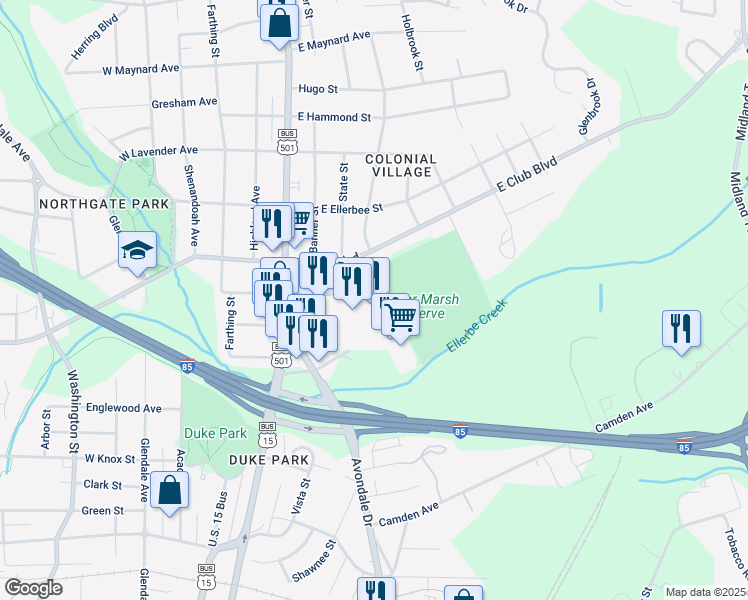 map of restaurants, bars, coffee shops, grocery stores, and more near 2000 Avondale Drive in Durham