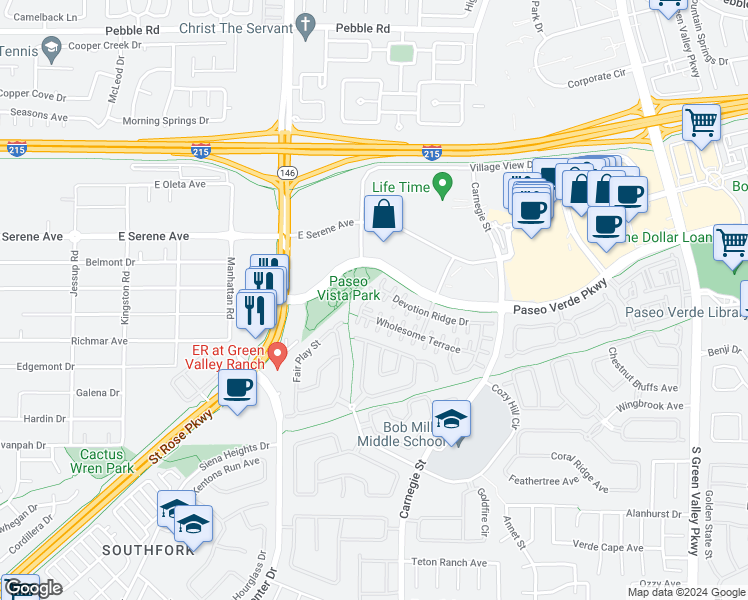 map of restaurants, bars, coffee shops, grocery stores, and more near 236 Integrity Ridge Drive in Henderson
