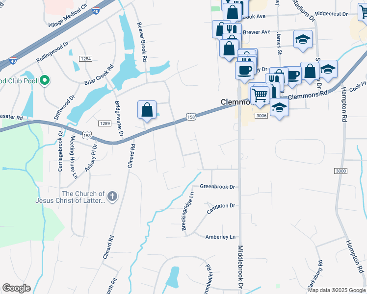 map of restaurants, bars, coffee shops, grocery stores, and more near 6825 Gray Moss Court in Clemmons