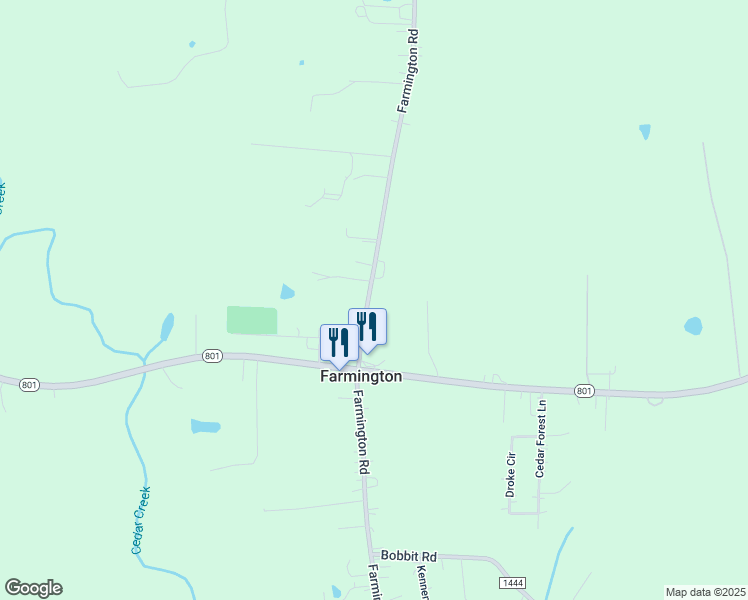 map of restaurants, bars, coffee shops, grocery stores, and more near 1986 Farmington Road in Mocksville