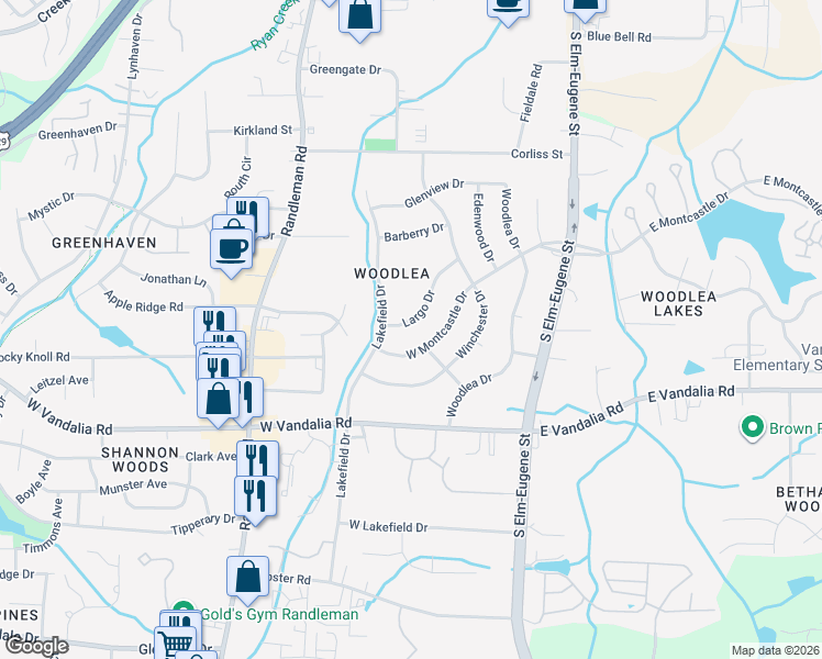 map of restaurants, bars, coffee shops, grocery stores, and more near 323 Largo Drive in Greensboro