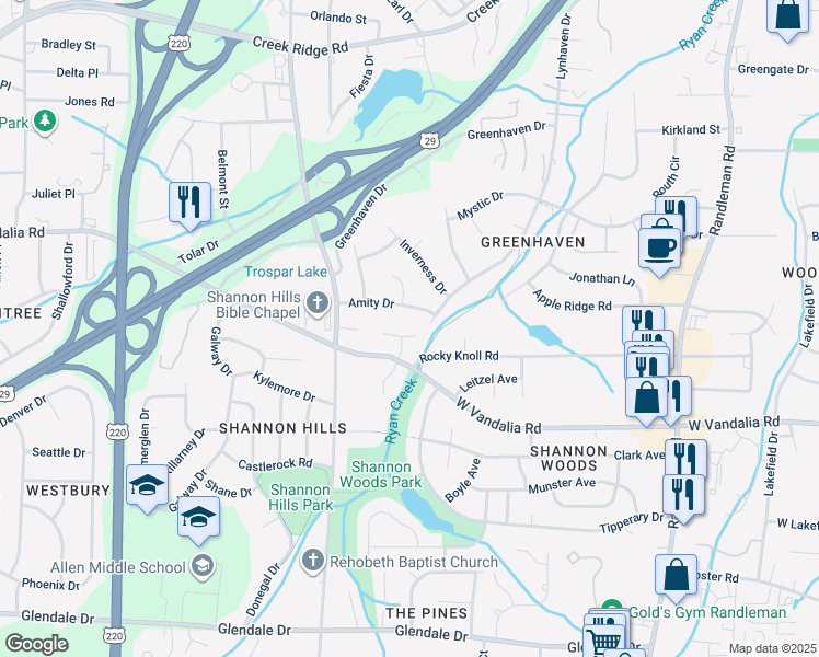 map of restaurants, bars, coffee shops, grocery stores, and more near 18 Windale Court in Greensboro