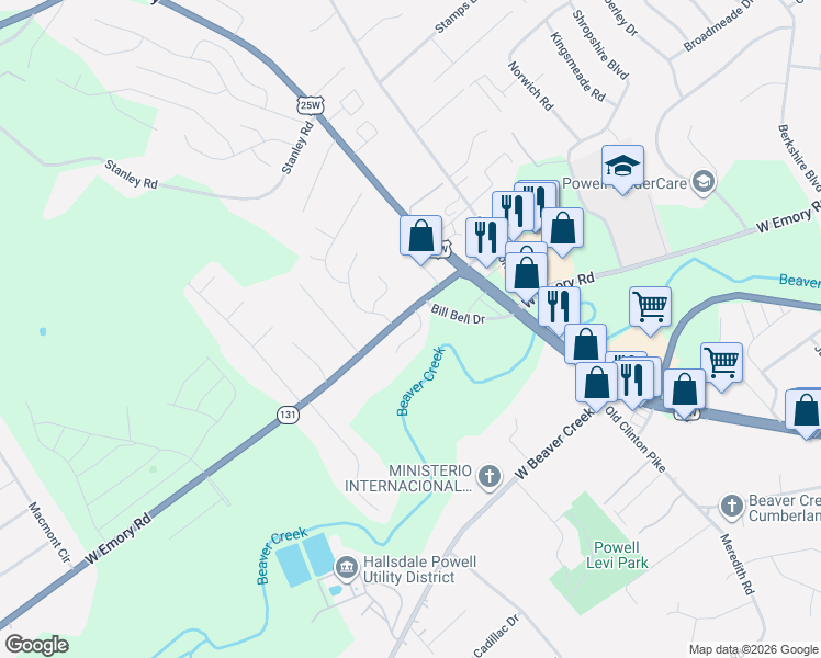 map of restaurants, bars, coffee shops, grocery stores, and more near 3709 Holgate Lane in Powell