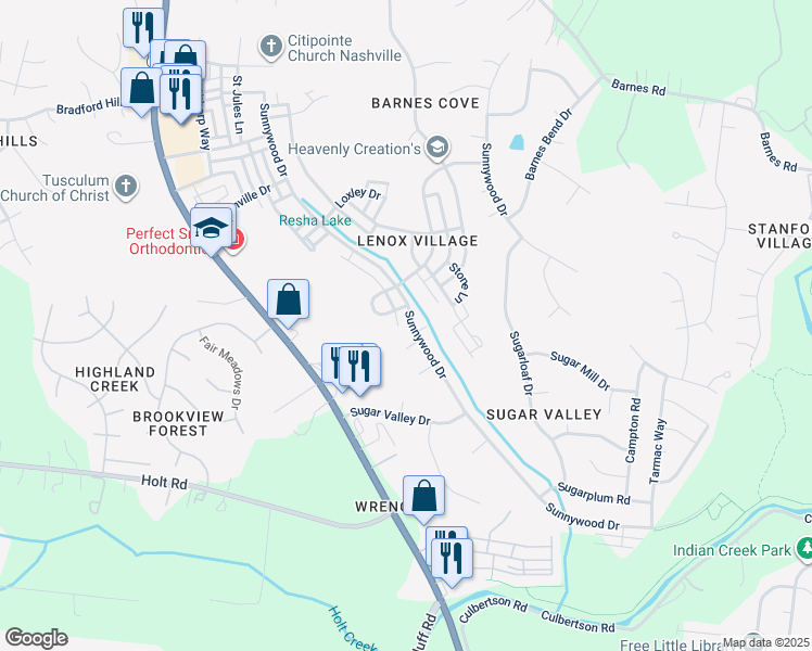 map of restaurants, bars, coffee shops, grocery stores, and more near 6953 Sunnywood Drive in Nashville