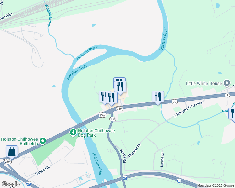 map of restaurants, bars, coffee shops, grocery stores, and more near 6221 Riverview Crossing Drive in Knoxville