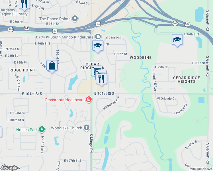 map of restaurants, bars, coffee shops, grocery stores, and more near 10020 South 99th East Avenue in Tulsa