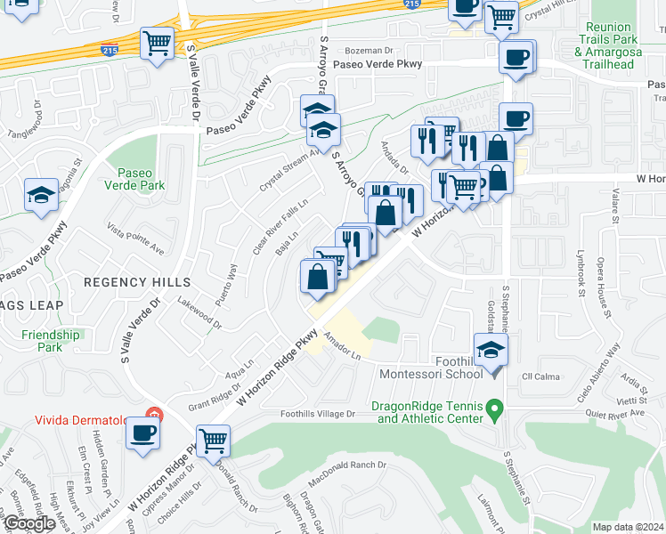 map of restaurants, bars, coffee shops, grocery stores, and more near 1699 Clovercrest Court in Henderson