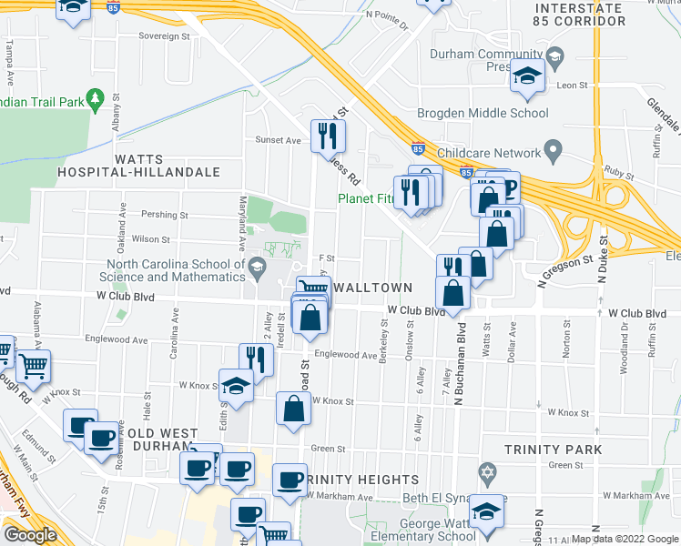 map of restaurants, bars, coffee shops, grocery stores, and more near 1216 Clarendon Street in Durham