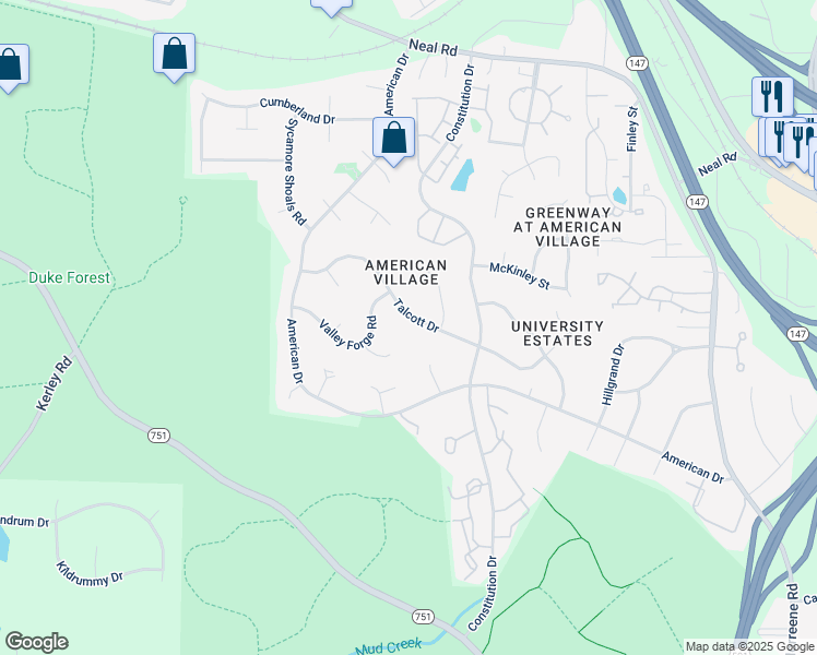 map of restaurants, bars, coffee shops, grocery stores, and more near 4305 Talcott Drive in Durham