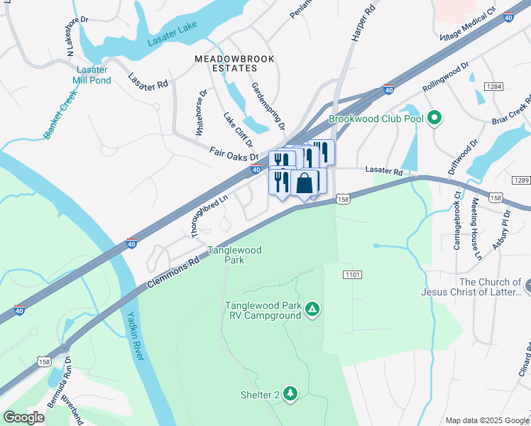 map of restaurants, bars, coffee shops, grocery stores, and more near 4004 Westridge Meadow Circle in Clemmons