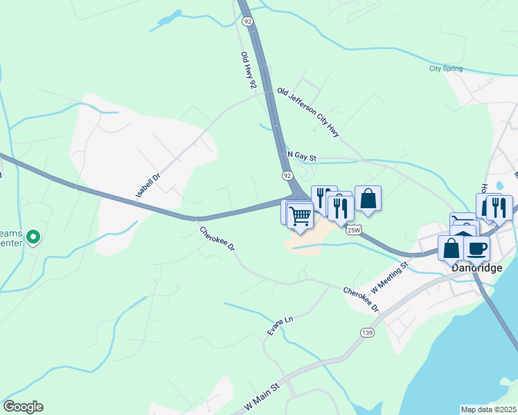 map of restaurants, bars, coffee shops, grocery stores, and more near 157 Tennessee 66 in Dandridge