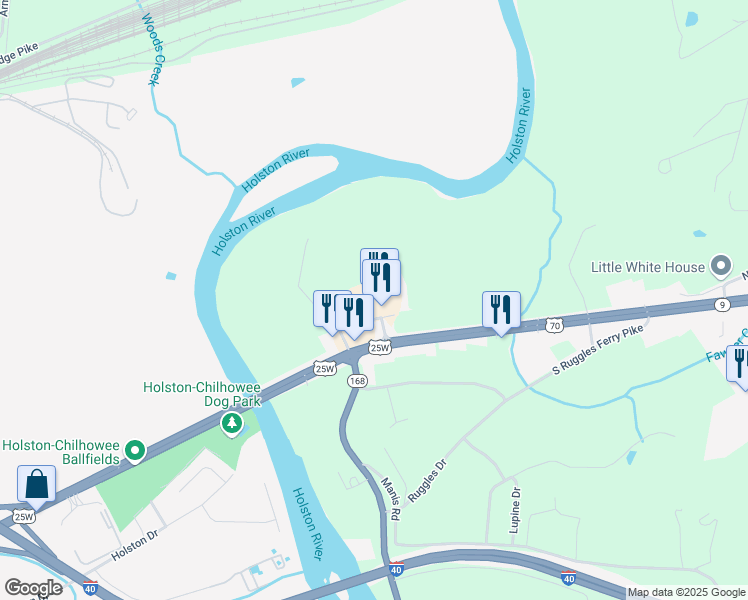 map of restaurants, bars, coffee shops, grocery stores, and more near 6221 Riverview Crossing Drive in Knoxville