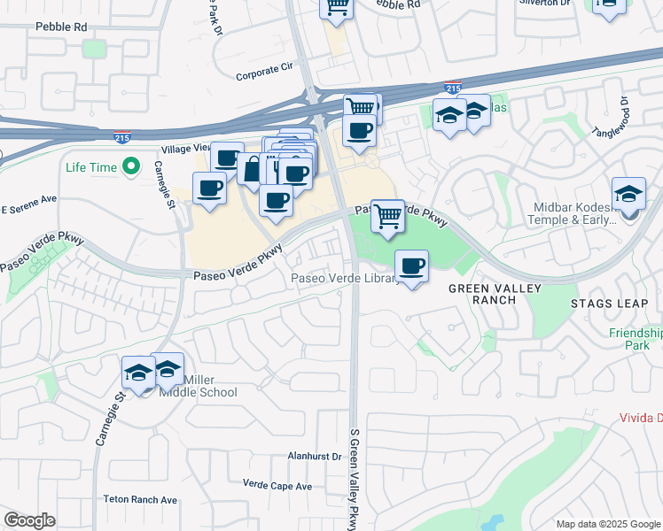 map of restaurants, bars, coffee shops, grocery stores, and more near 251 South Green Valley Parkway in Henderson