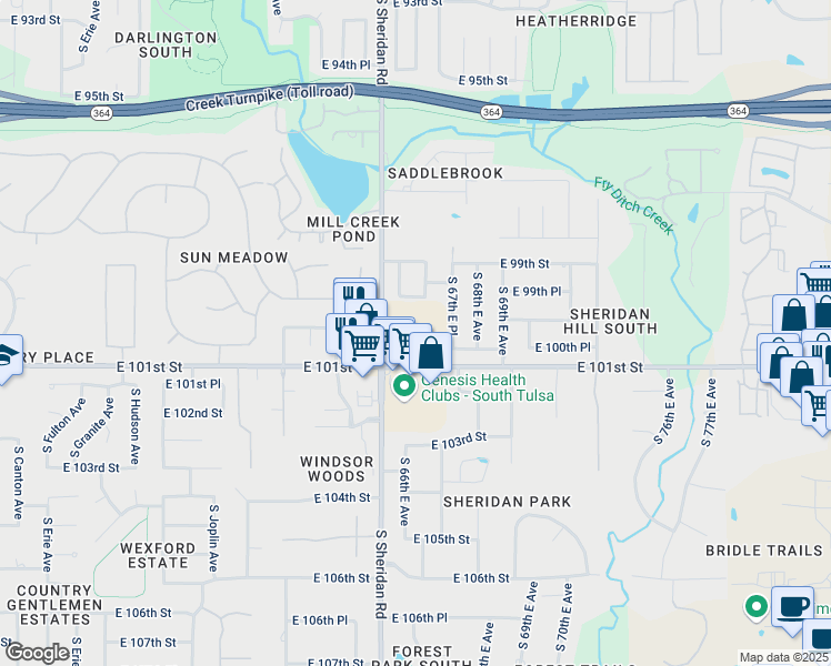 map of restaurants, bars, coffee shops, grocery stores, and more near 10011 South Sheridan Road in Tulsa