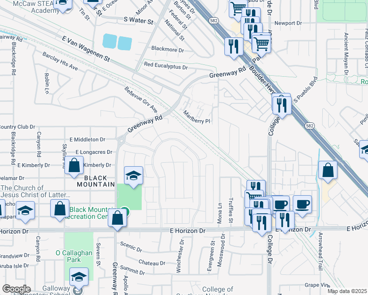 map of restaurants, bars, coffee shops, grocery stores, and more near Union Pacific Railroad Trail in Henderson