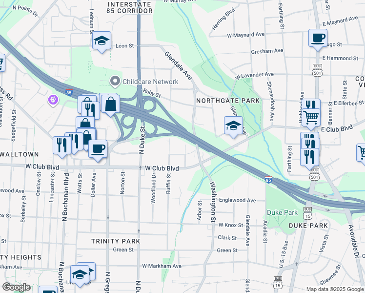 map of restaurants, bars, coffee shops, grocery stores, and more near 1605 Dexter Street in Durham