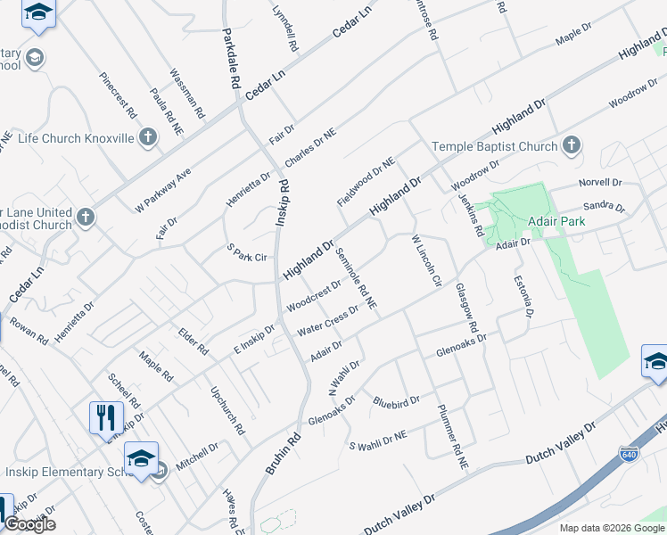 map of restaurants, bars, coffee shops, grocery stores, and more near 1205 Woodcrest Drive in Knoxville