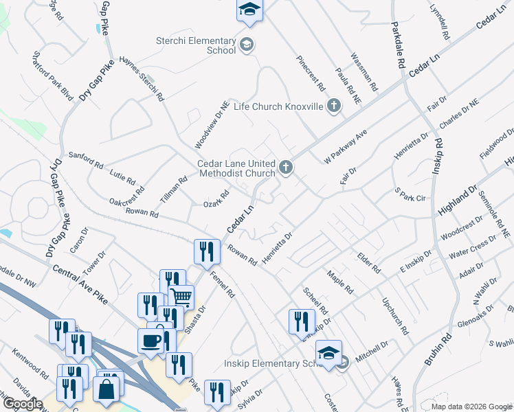 map of restaurants, bars, coffee shops, grocery stores, and more near 608 Cedar Lane in Knoxville