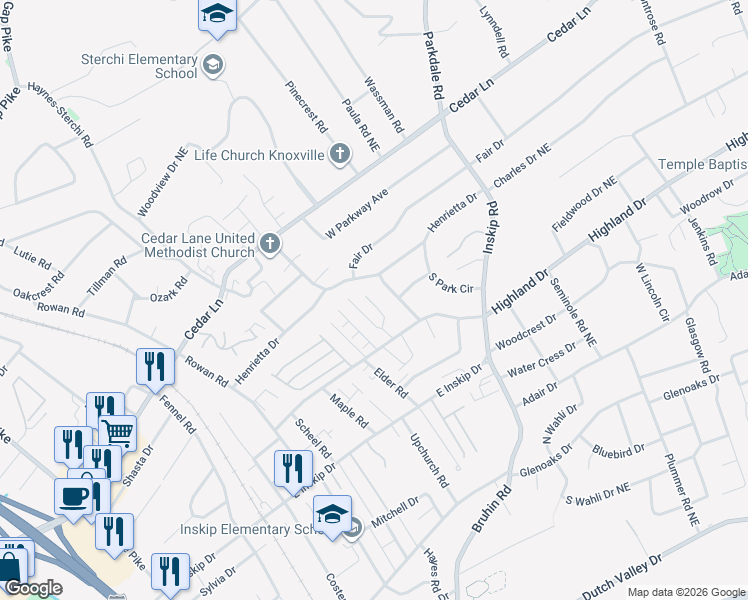 map of restaurants, bars, coffee shops, grocery stores, and more near 5138 Spring Petal Way in Knoxville