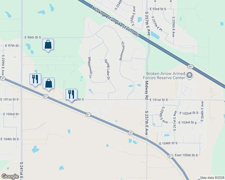 map of restaurants, bars, coffee shops, grocery stores, and more near 25136 Hickory Lane in Broken Arrow