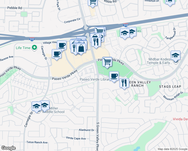 map of restaurants, bars, coffee shops, grocery stores, and more near 251 South Green Valley Parkway in Henderson