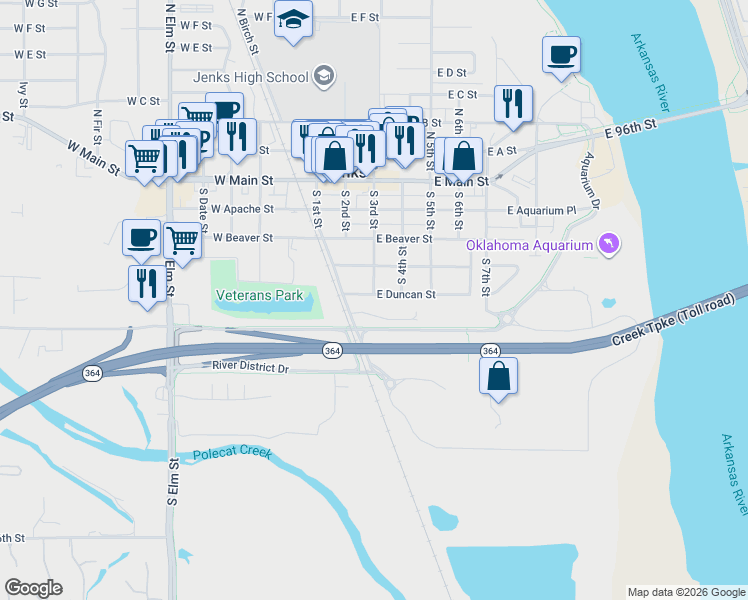 map of restaurants, bars, coffee shops, grocery stores, and more near 304 East Duncan Street in Jenks
