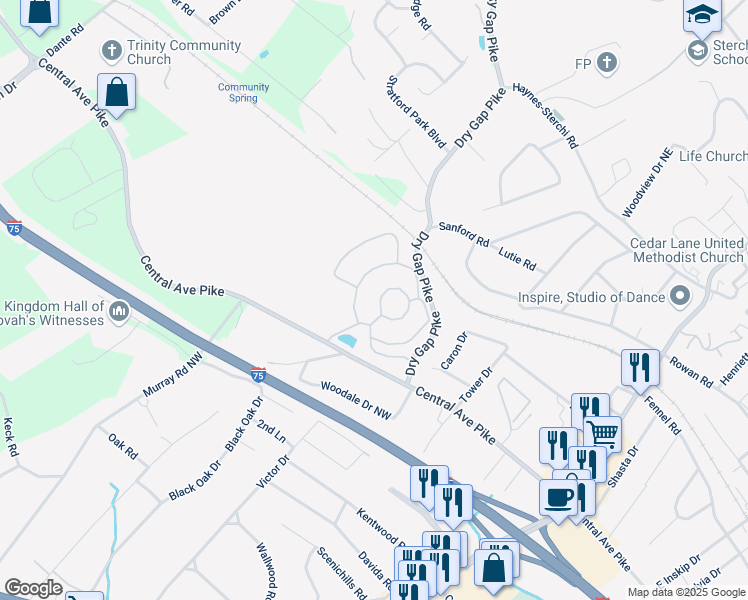 map of restaurants, bars, coffee shops, grocery stores, and more near 5800 Central Avenue Pike in Knoxville