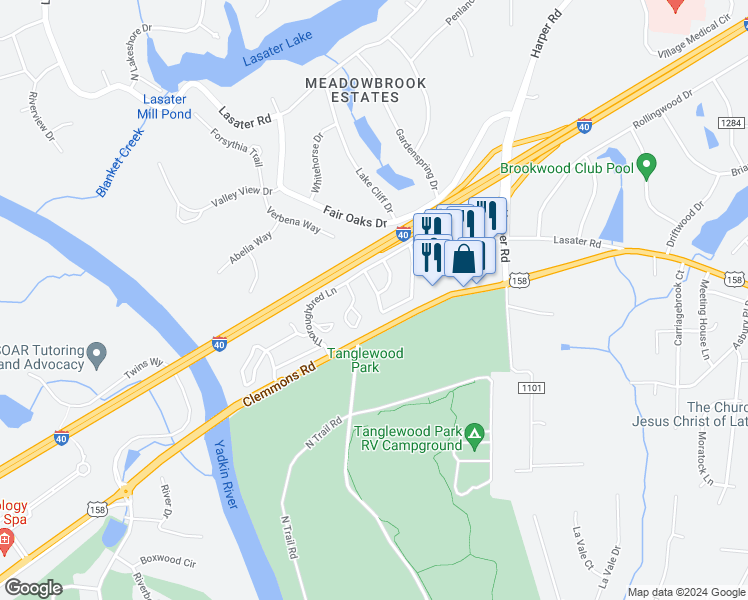 map of restaurants, bars, coffee shops, grocery stores, and more near 3920 Westridge Meadow Circle in Clemmons