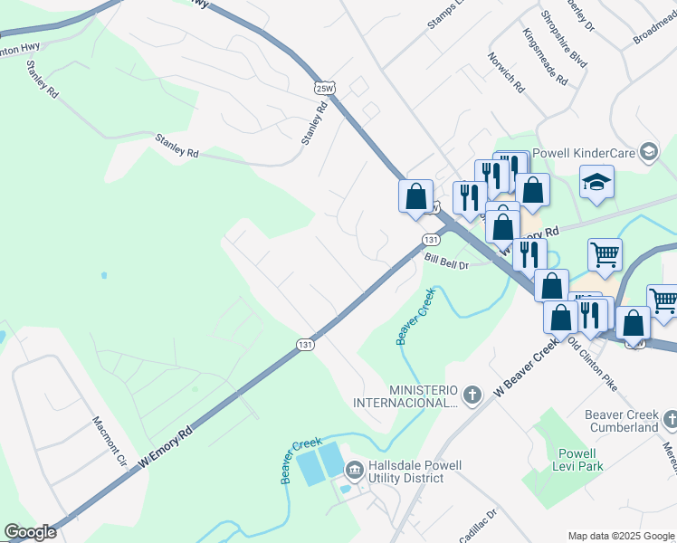 map of restaurants, bars, coffee shops, grocery stores, and more near 7633 Callow Cove Lane in Powell