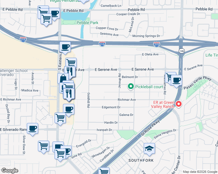 map of restaurants, bars, coffee shops, grocery stores, and more near 2916 Candelaria Drive in Henderson