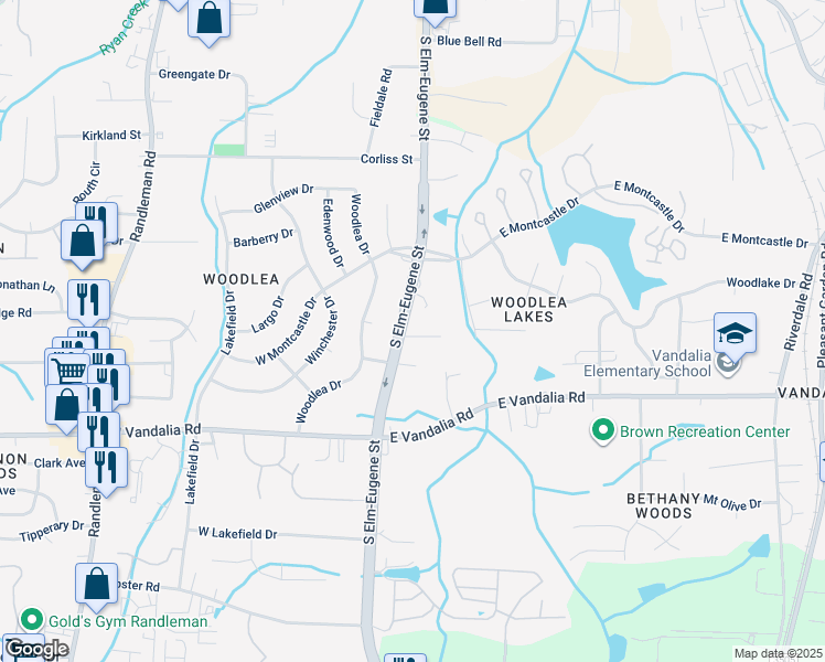 map of restaurants, bars, coffee shops, grocery stores, and more near 1 Woodlea Valley Cove in Greensboro