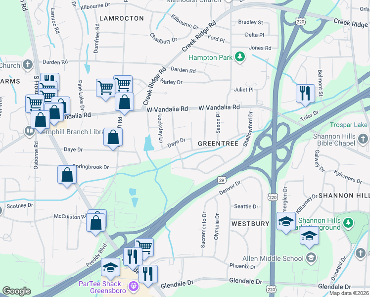 map of restaurants, bars, coffee shops, grocery stores, and more near 3104 Paddington Street in Greensboro
