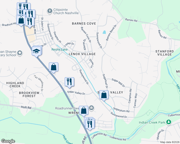 map of restaurants, bars, coffee shops, grocery stores, and more near 3104 Fyffe Lane in Nashville
