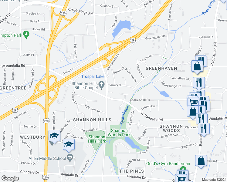 map of restaurants, bars, coffee shops, grocery stores, and more near 1207 Shanahan Court in Greensboro
