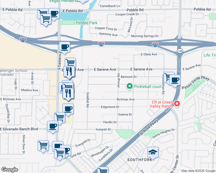 map of restaurants, bars, coffee shops, grocery stores, and more near 2916 Candelaria Drive in Henderson