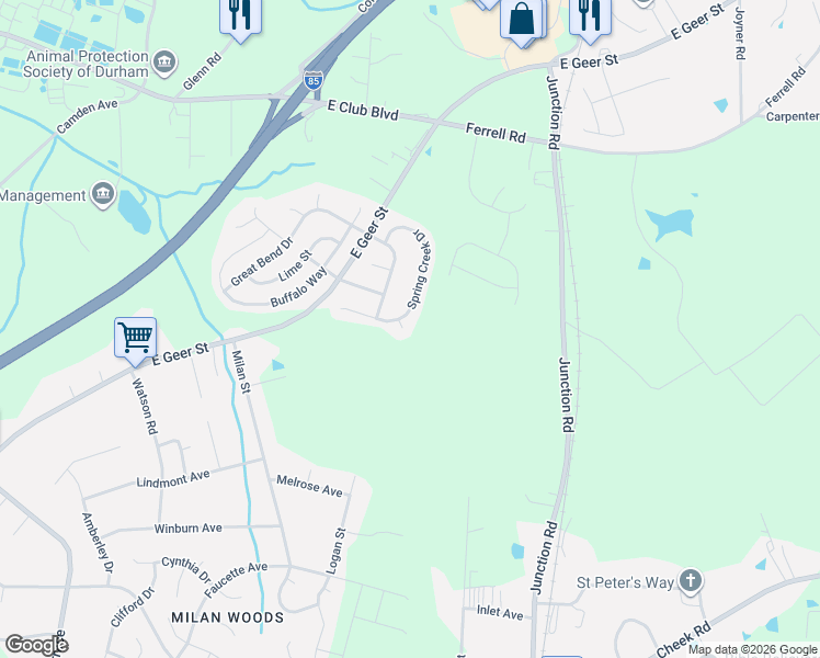 map of restaurants, bars, coffee shops, grocery stores, and more near 3 Flatford Court in Durham