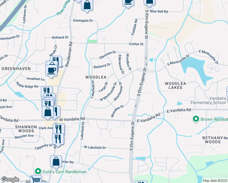 map of restaurants, bars, coffee shops, grocery stores, and more near 309 West Montcastle Drive in Greensboro