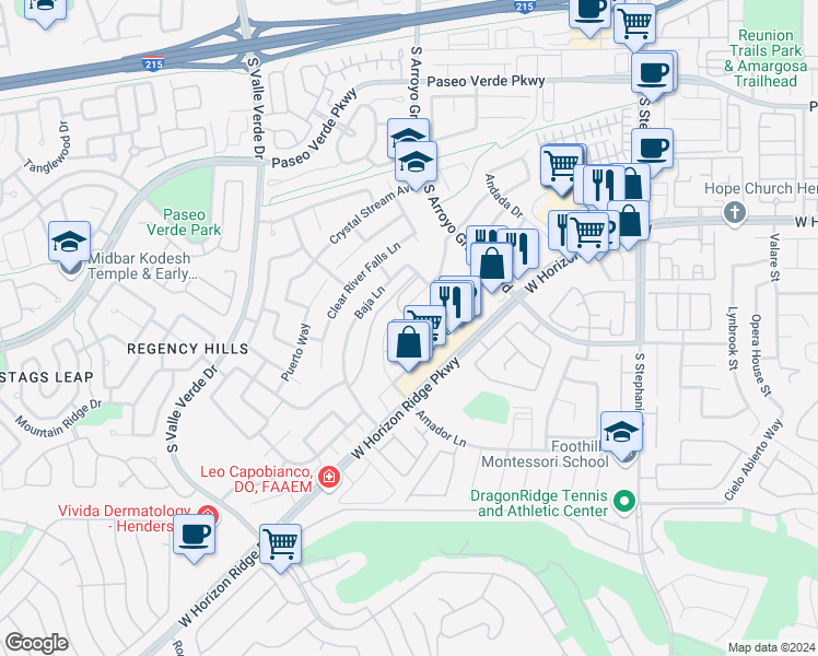 map of restaurants, bars, coffee shops, grocery stores, and more near 1708 Waltrip Court in Henderson