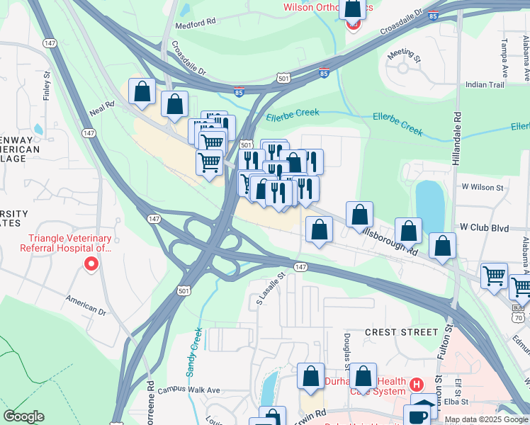 map of restaurants, bars, coffee shops, grocery stores, and more near 3427 Hillsborough Road in Durham