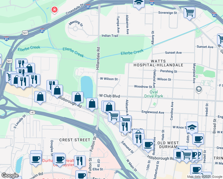 map of restaurants, bars, coffee shops, grocery stores, and more near 2503 W Woodrow St in Durham