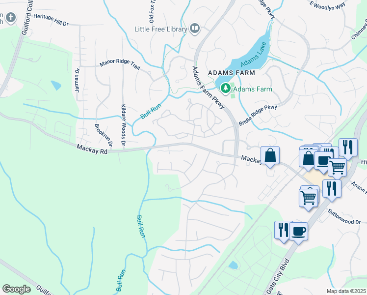 map of restaurants, bars, coffee shops, grocery stores, and more near 15 Planters Wood Trail in Greensboro