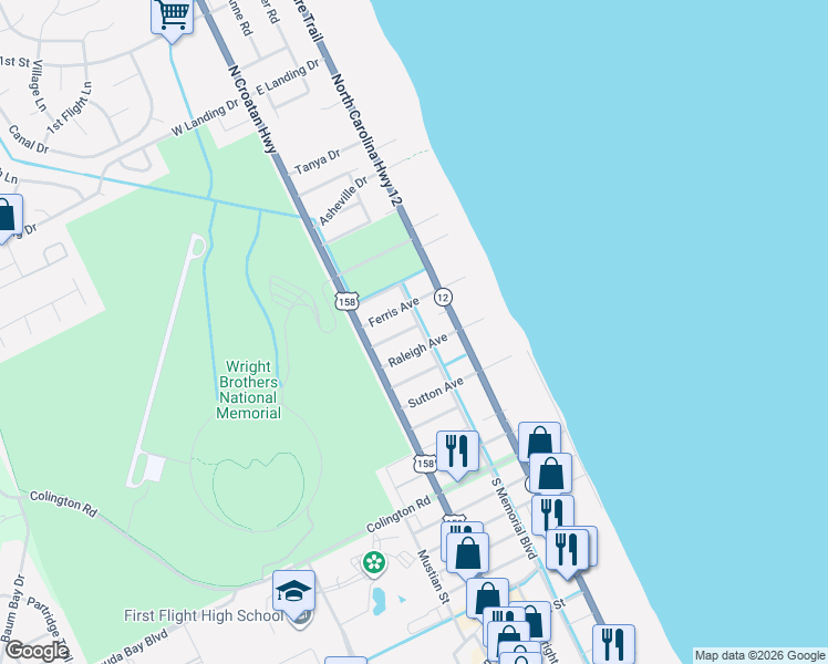 map of restaurants, bars, coffee shops, grocery stores, and more near 114-116 Raleigh Avenue in Kill Devil Hills