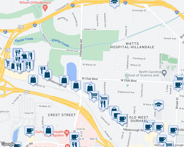 map of restaurants, bars, coffee shops, grocery stores, and more near 2503 W Woodrow St in Durham