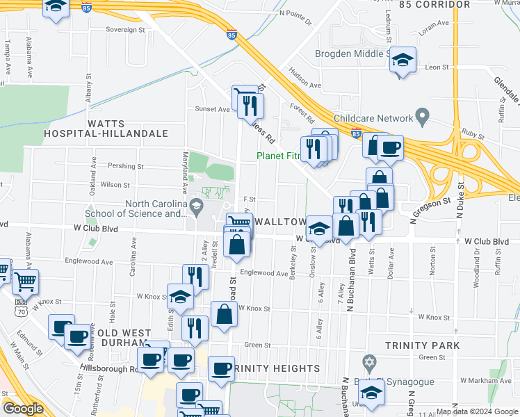 map of restaurants, bars, coffee shops, grocery stores, and more near 1218 Clarendon Street in Durham