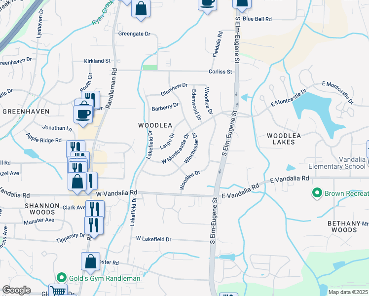 map of restaurants, bars, coffee shops, grocery stores, and more near 309 West Montcastle Drive in Greensboro