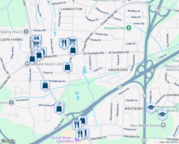 map of restaurants, bars, coffee shops, grocery stores, and more near 3024 Locksley Lane in Greensboro