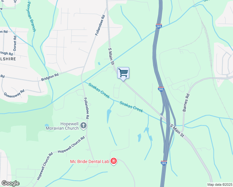 map of restaurants, bars, coffee shops, grocery stores, and more near 4636 South Main Street in Winston-Salem