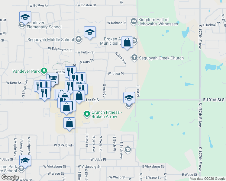 map of restaurants, bars, coffee shops, grocery stores, and more near 3312 South Ash Avenue in Broken Arrow