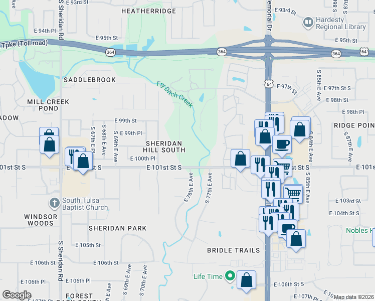 map of restaurants, bars, coffee shops, grocery stores, and more near 7447 East 101st Street in Tulsa
